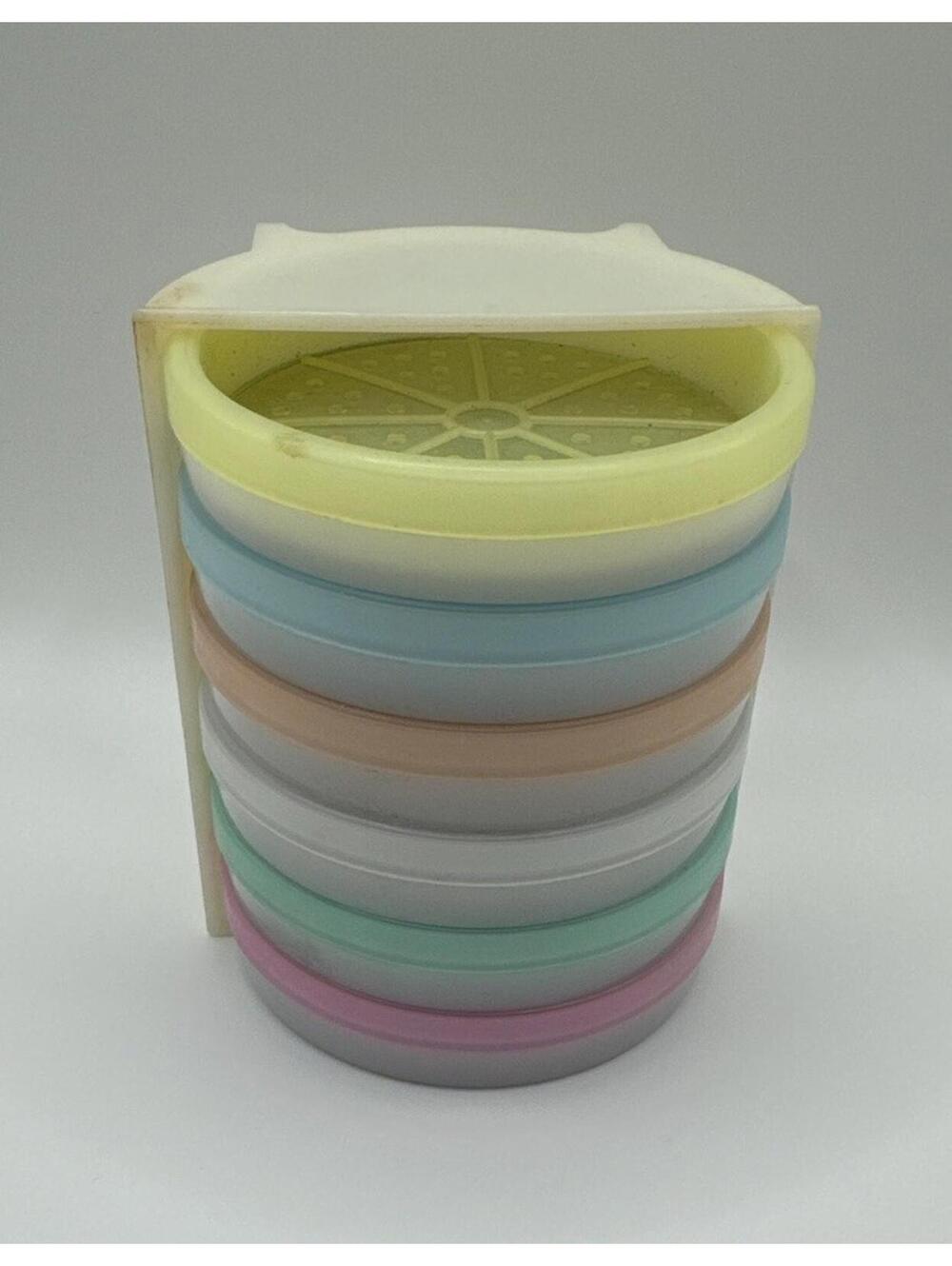 Vintage Tupperware Wagon Wheel Coaster Set of 6 with Caddy Pastel Mixed Colors